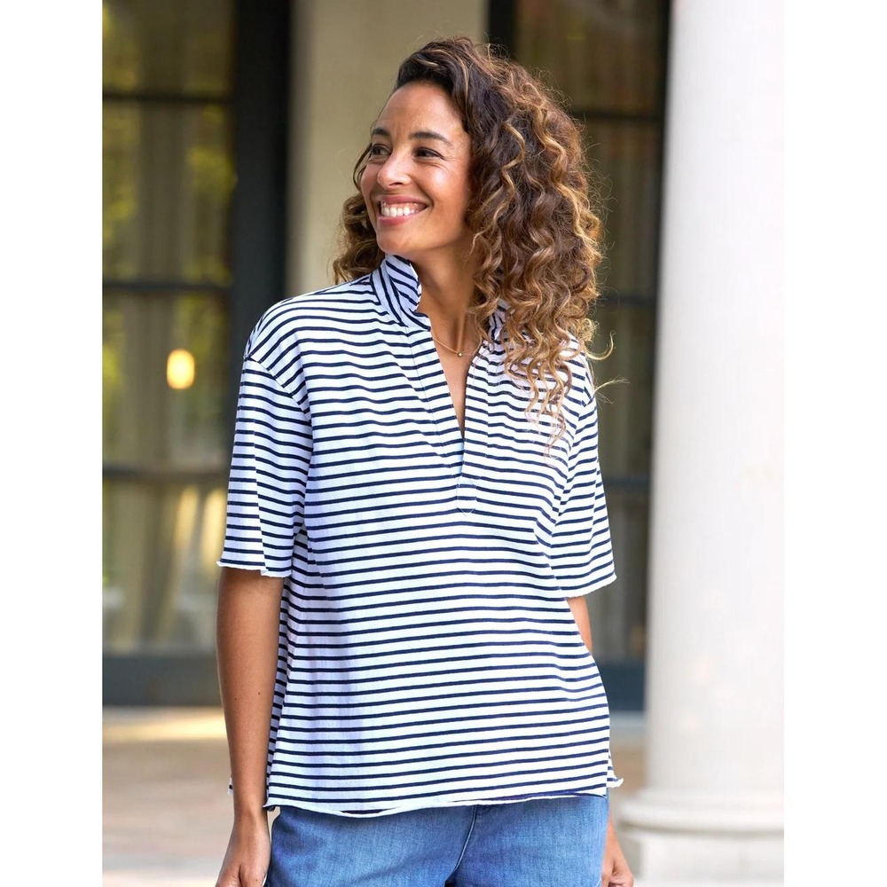 Frank & Eileen Patty Short-Sleeve Popover Henley Shirt Size L White Navy Striped